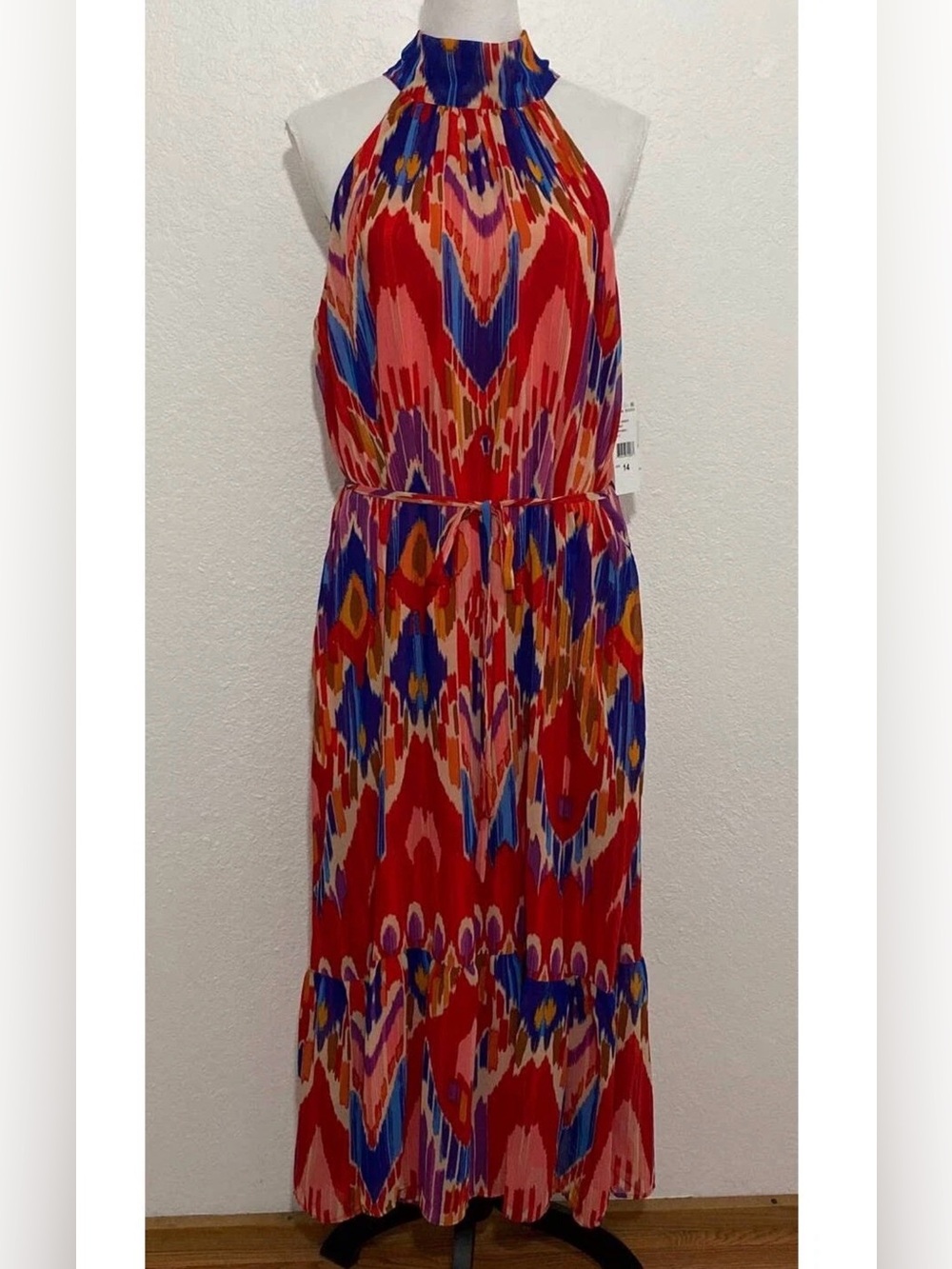 Donna Ricco Red Multi Halter Maxi Tiered Lined   Dress With Belt